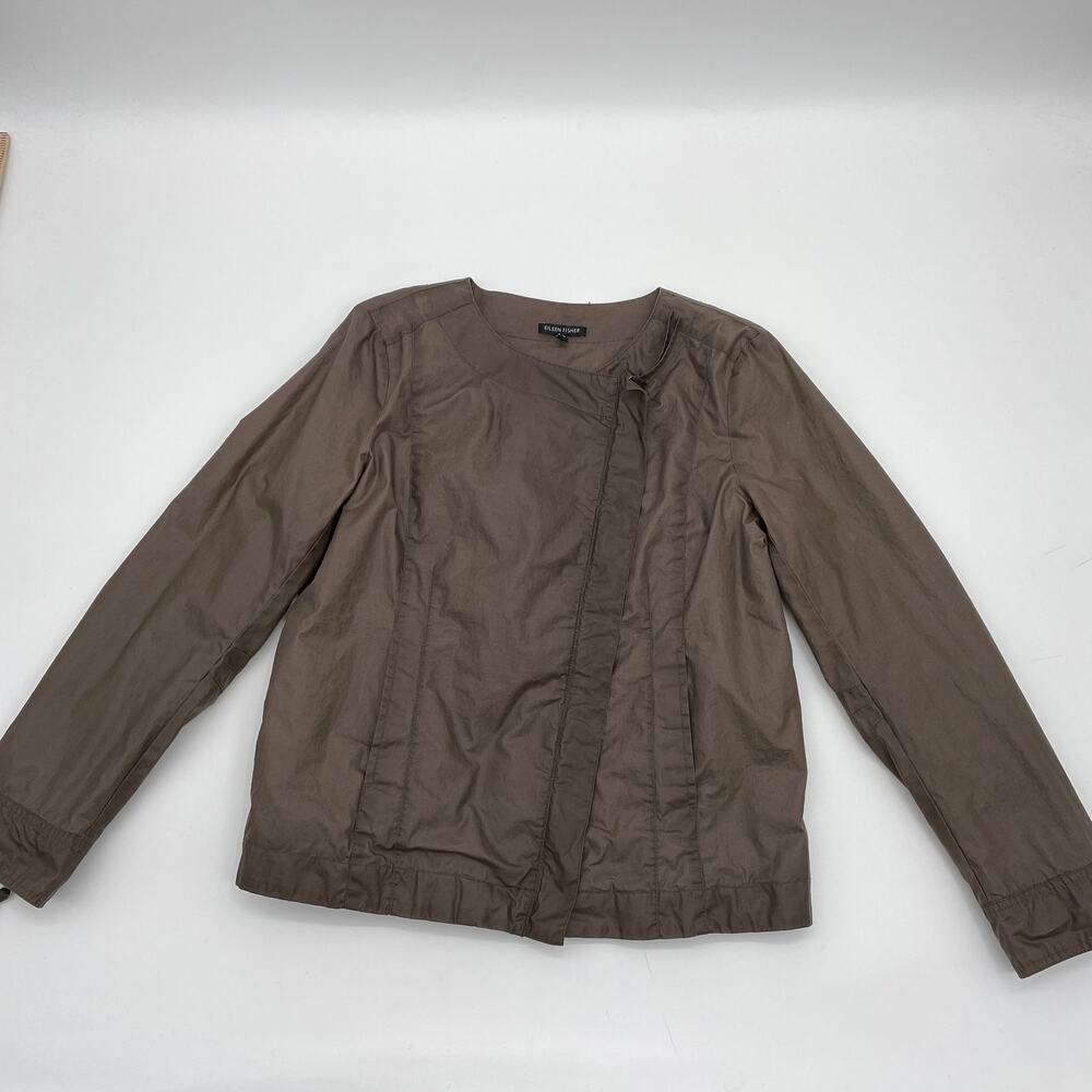 EILEEN FISHER Jacket Brown Waxed Cotton Full Zip Collarless Moto Women's Sz M